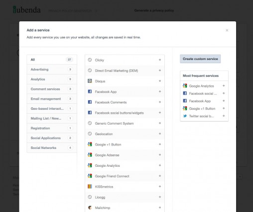 iubenda's options panel